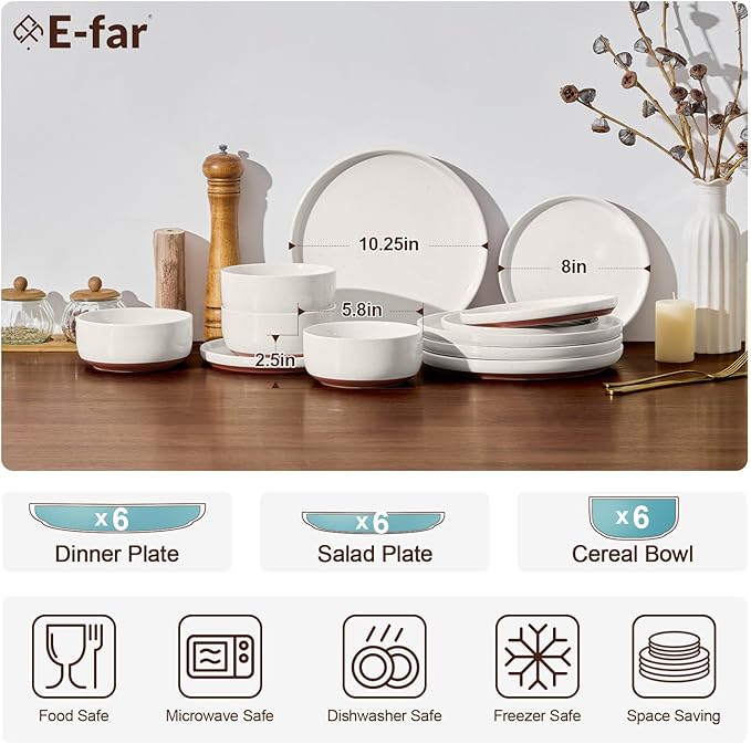 E-far 18-Piece Stoneware Dinnerware Sets, Plates and Bowls Sets for 6, Ceramic Dishware Dishes Set with Terracotta Base, Chip & Scratch Resistant, Microwave & Dishwasher Safe, Speckled White