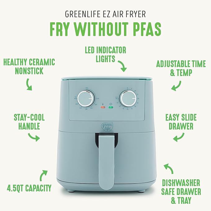 GreenLife 4.5QT Air Fryer, Mechanical Dial Controls, PFAS-Free Ceramic Nonstick Drawer, Adjustable Temp & Timer, LED Indicator, Oil-Less Cooking, Dishwasher Safe, Compact Family Size, Blue
