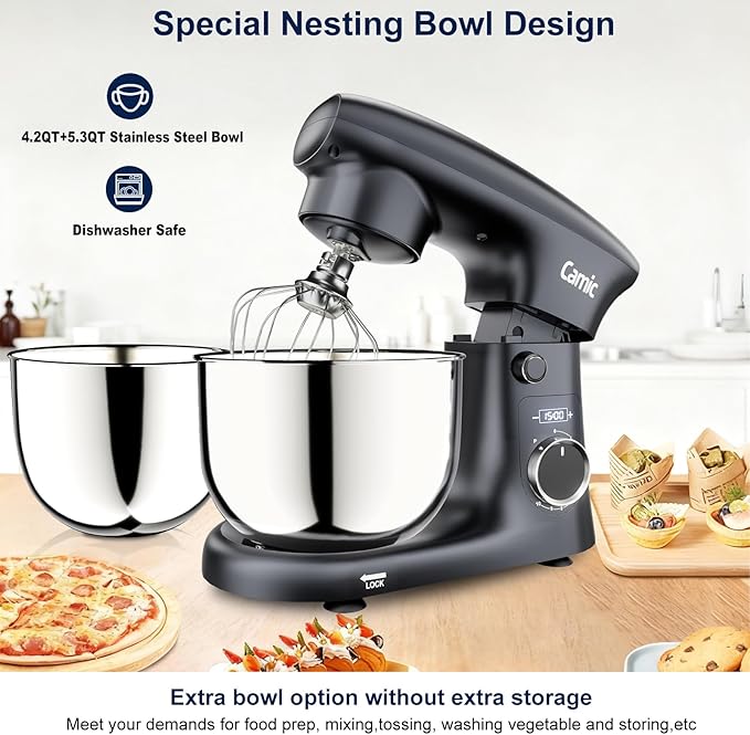 Camic Stand Mixer, 4.2QT+5.3QT Two bowls Electric Food Mixer, 10 Speeds with Digital setting 3-IN-1 Kitchen Mixer for Baking Cakes Cookie Bread Salad with Egg Whisk,Dough Hook,Flat Beater (Grey)