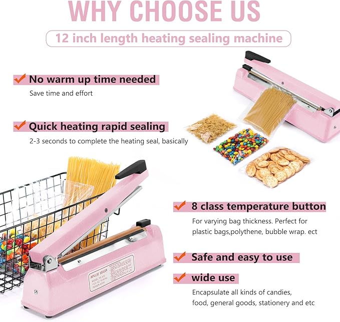 METRONIC Impulse Sealer 12 inch, Manual Heat Sealer Machine for Plastic Bags, Shrink Wrap Bag Sealers Heavy Duty Sealing Machine with Repair Kit (Pink)