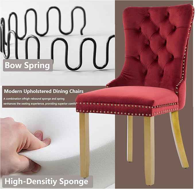 Velvet Dining Chairs Set of 6, Modern Tufted Dining Room Chair, Upholstered Dining Chairs with Lion Head Pulls Ring and Golden Solid Wood Legs, Luxury Kitchen Chairs for Dining Room, Burgundy