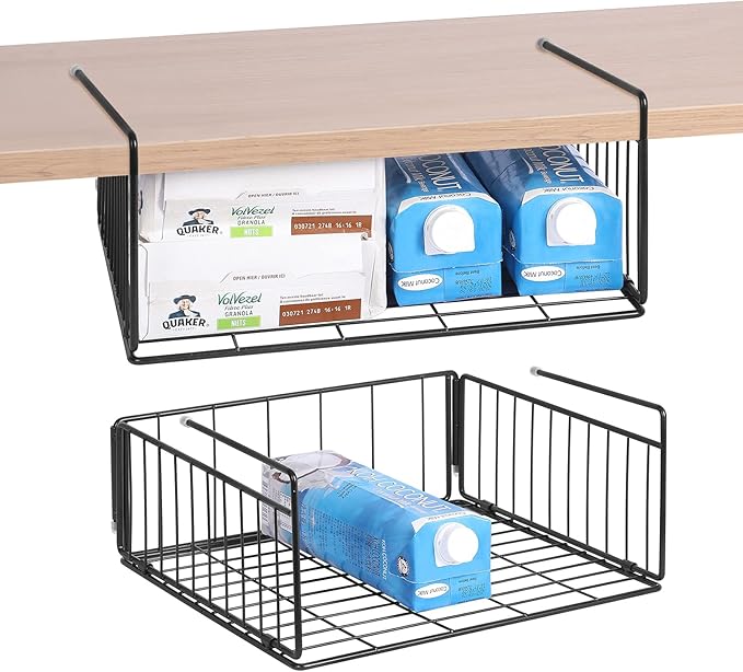SUFAUY 2-Pack Under Shelf Basket, Under Cabinet Storage Hanging Shelf for Pantry Closet, Black