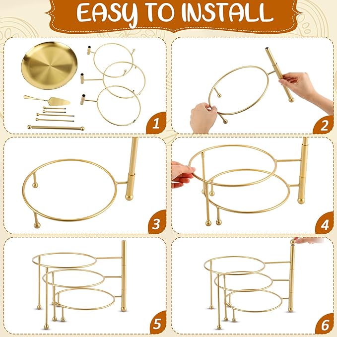 Teenyyou 7 Pcs Pizza Pan Riser Stands Sets Includes 1 Pcs Tiered Tray Stand 3 Stainless Steel Pizza Pan and 3 Wood Handle Knife for Home, Restaurant Party (Elegant Style,Gold)