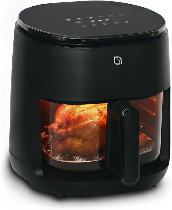 WILLOW Eco Series 6 in 1 Air Fryer with Glass Basket, 5 Quart Non Toxic Glass Air Fryer w Digital Display, 430°F Max Temp, Preheat & Keep Warm Function, Compact + Dishwasher Safe Airfryer -BLACK