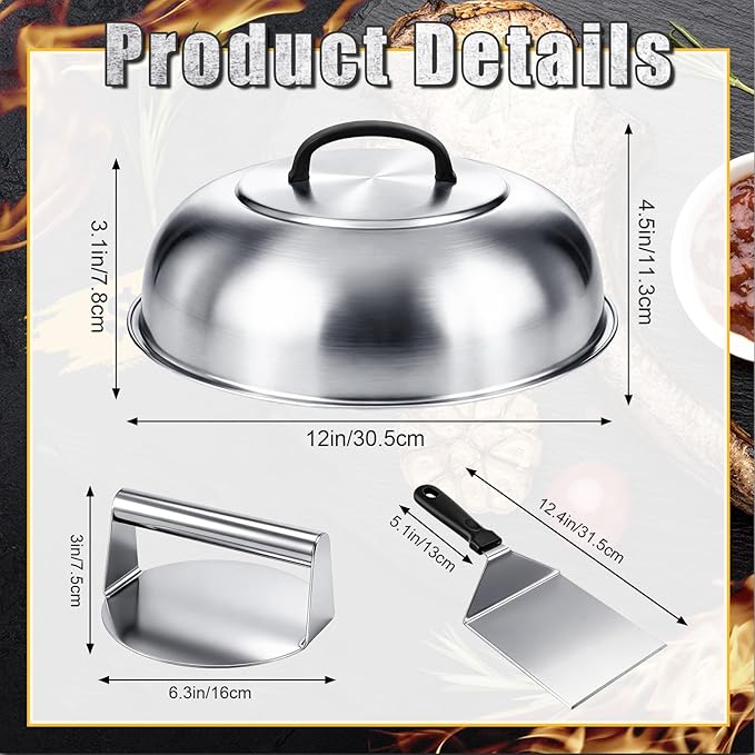 3 Pcs Smash Burger Kit 12" Cheese Melting Cover and 8.5" Burger Press with Grill Spatula Basting Cover, Stainless Steel Hamburger Turner, Melting Dome, Accessories Kit for BBQ Kitchen