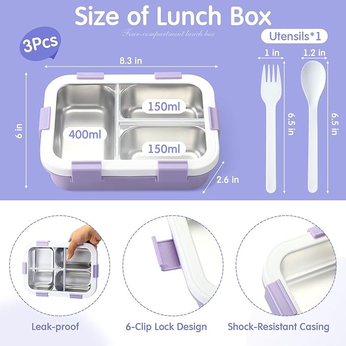 LemonRoad 3 Pcs 304 Stainless Steel Bento Box 24 oz Metal Lunch Box with Spoon Fork 3 Compartment Transparent Lid Dishwasher Safe Leakproof Food Fruit Snack Container for Office Travel (Pastel)