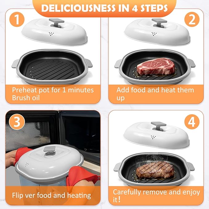 AHJ Microwave Grill Pan with Lid, Microwave Cooker Multi-Use for Grilling, Frying, Browning and Crisping, Microwave Griller & Crisper Pan for Grill Meat, Sandwich, Vegetable, Egg, Potatoes (Gray)