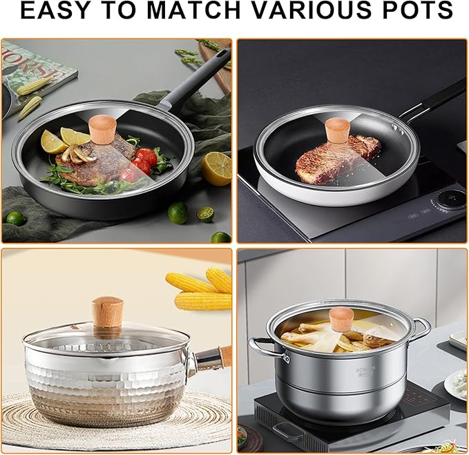 8 Inch Pan Lid with Wooden Handle, Tempered Glass Lid, Cast Iron Skillet, Pot, and Replacement Pan Cover, Clear Frying Pan Lid Fits Pots, Pans and Skillets, Dishwasher Safe