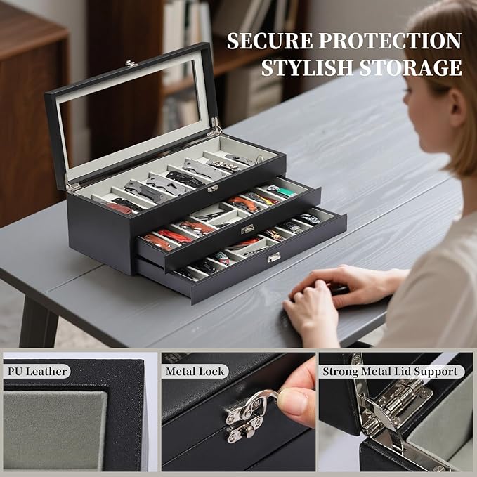 AUTOARK 3-Tier PU Leather & Velvet Knife Organizer with 26 Slots,Transparent Glass Top & Drawer,Compact Storage for Pocket Knives,Ideal for Men's Collections & Gifts,Black,MKAW016