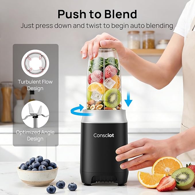 Consciot CB10 11Pcs Personal and Countertop Blender Combo, Make Shakes and Smoothies, Frozen Drinks, Baby Food, Spreads & More, 3 Portable BPA Free To-Go Cups, 2 Spout-Lids & 1 Flat-Lid, 900 Peak Watt