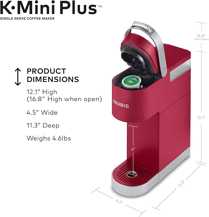 Keurig K-Mini Plus Maker Single Serve K-Cup Pod Coffee Brewer, Comes with 6 to 12 Oz. Brew Size, Storage, and Travel Mug Friendly, Cardinal Red (Renewed)