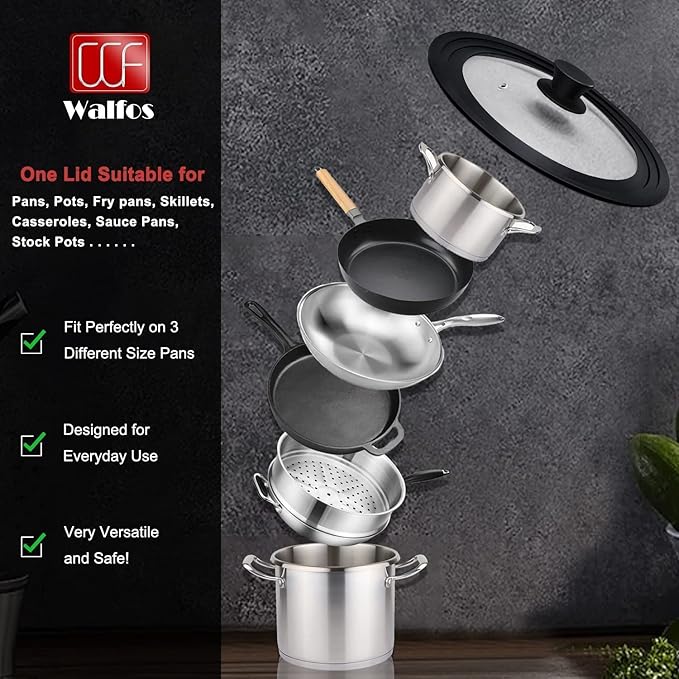 Walfos Universal Lid for 9.5", 10.5" and 11" Diameter Cookware, Fits Pots, Pans and Skillets - Walfos Tempered Glass Pan Lid with Heat Resistant Silicone Rim, BPA Free Pot Lids, Dishwasher-Safe, Black