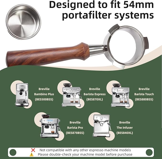 54mm Bottomless Portafilter for Breville Barista Express/Pro/Touch/Bambino18-21g Precision Basket, Stainless Steel 304 Filter Basket, Naked Portafilter for Espresso Extraction(54mm Walnut)