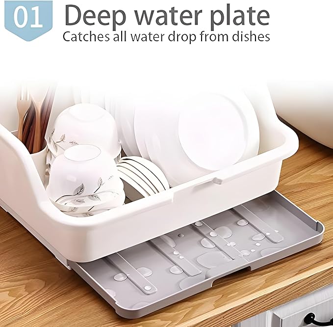 Tomorotec Medium Size Dish Drying Rack and Drain Board with Lid Cover, 16" x 12.2" x 10.6" Nursing Bottle Holder, Kitchen Plate Cup Tray Cutlery Drainer