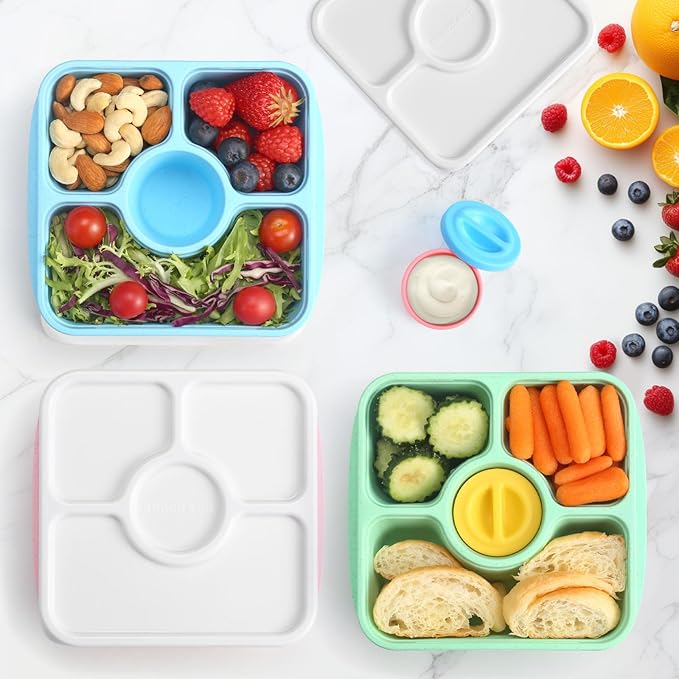 QQKO Bento Snack Box Containers for Adults Kids, 4 Pack Lunchable Meal Prep Containers Reusable, Stackable Bento Lunch Box, Food Storage Prep Containers with 4 Sauce Cups, Pastel Color, White Lid