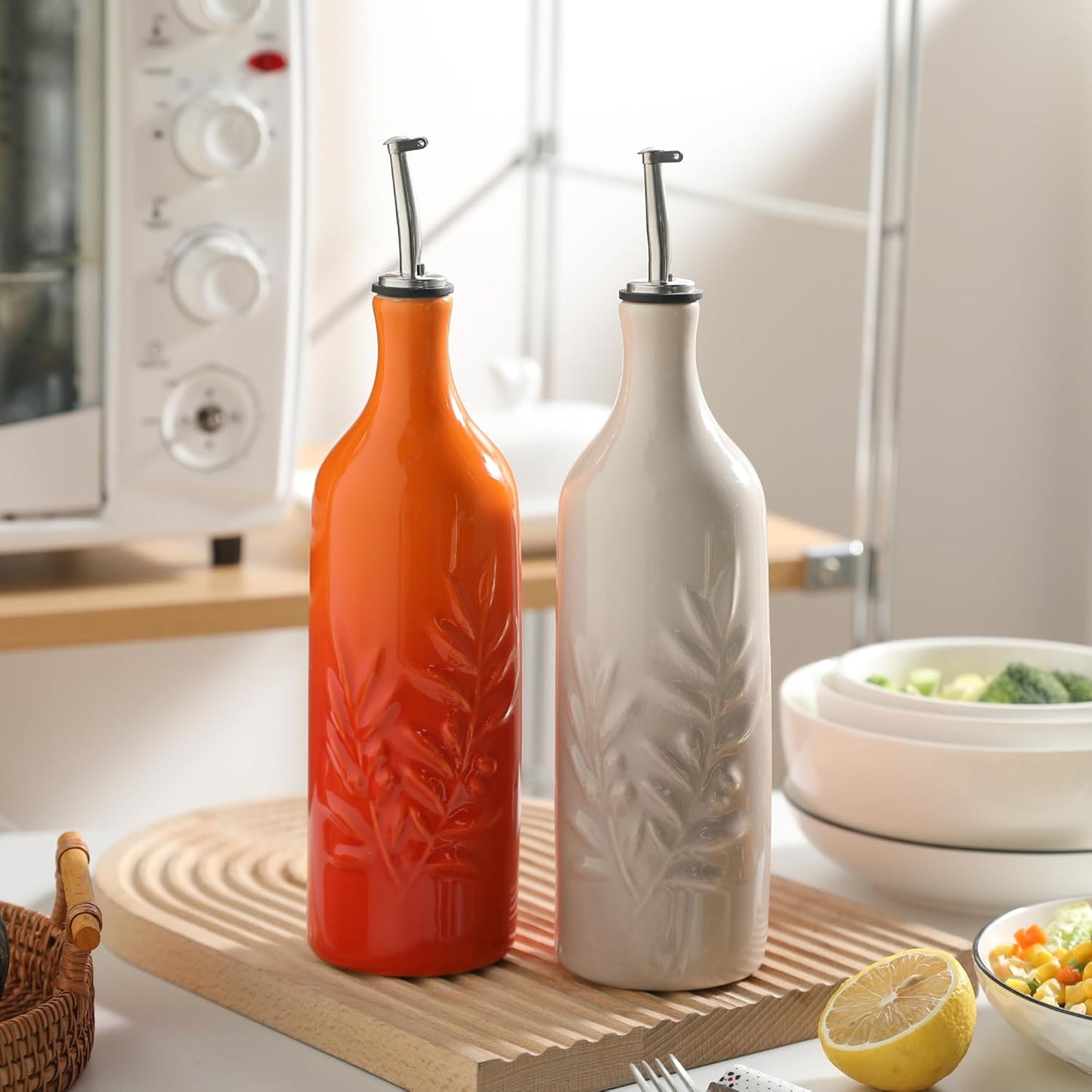 Sweejar Ceramic Olive Oil Dispenser Bottle, 24 Oz Relief Opaque Oil Cruet Protects To Reduce Oxidation, Suitable for Storage Soy Sauce, Coffee Syrup, Liquids, Set of 1 (Gradient Orange)