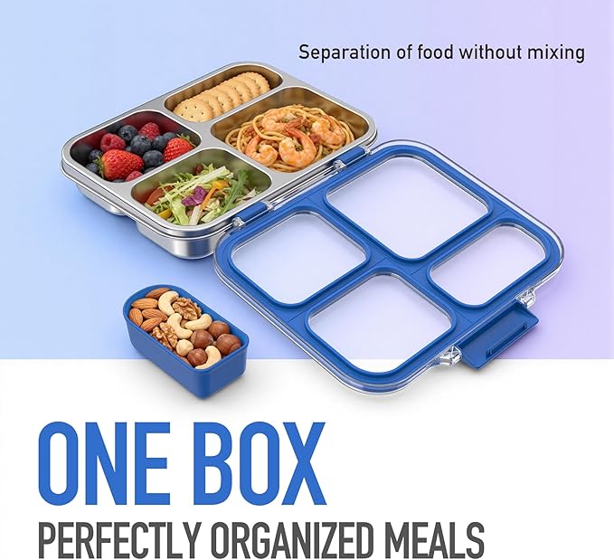 Stainless Steel Bento Box for Kids with Silicone Container, 4 Compartment Metal Lunch Box Kids Adults, Removable Silicone Seal & Clear Lid, Leak Proof Food Storage Container for Meal(Blue)