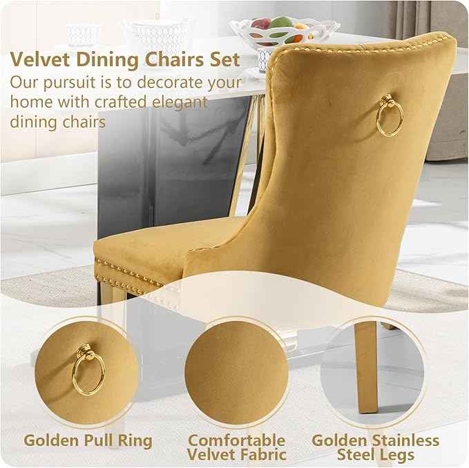 Gold Velvet Dining Chairs Set of 6, Kitchen & Dining Room Chairs, Tufted Upholstered Dining Room Chair, Back Ring Pull Trim, Golden Stainless Steel Legs, Gold