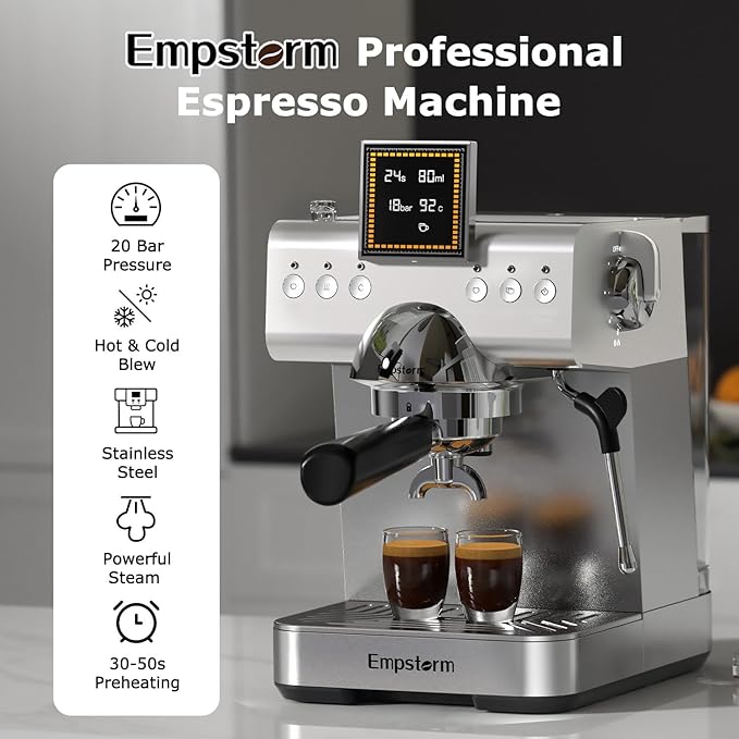 20 Bar Espresso Machine Stainless Steel Espresso Maker with Milk Frother with LED Display, 2 IN 1 Hot& cold brew coffee maker, Coffee Machine 50oz Water Tank, for Home Barista Cappuccino Latte