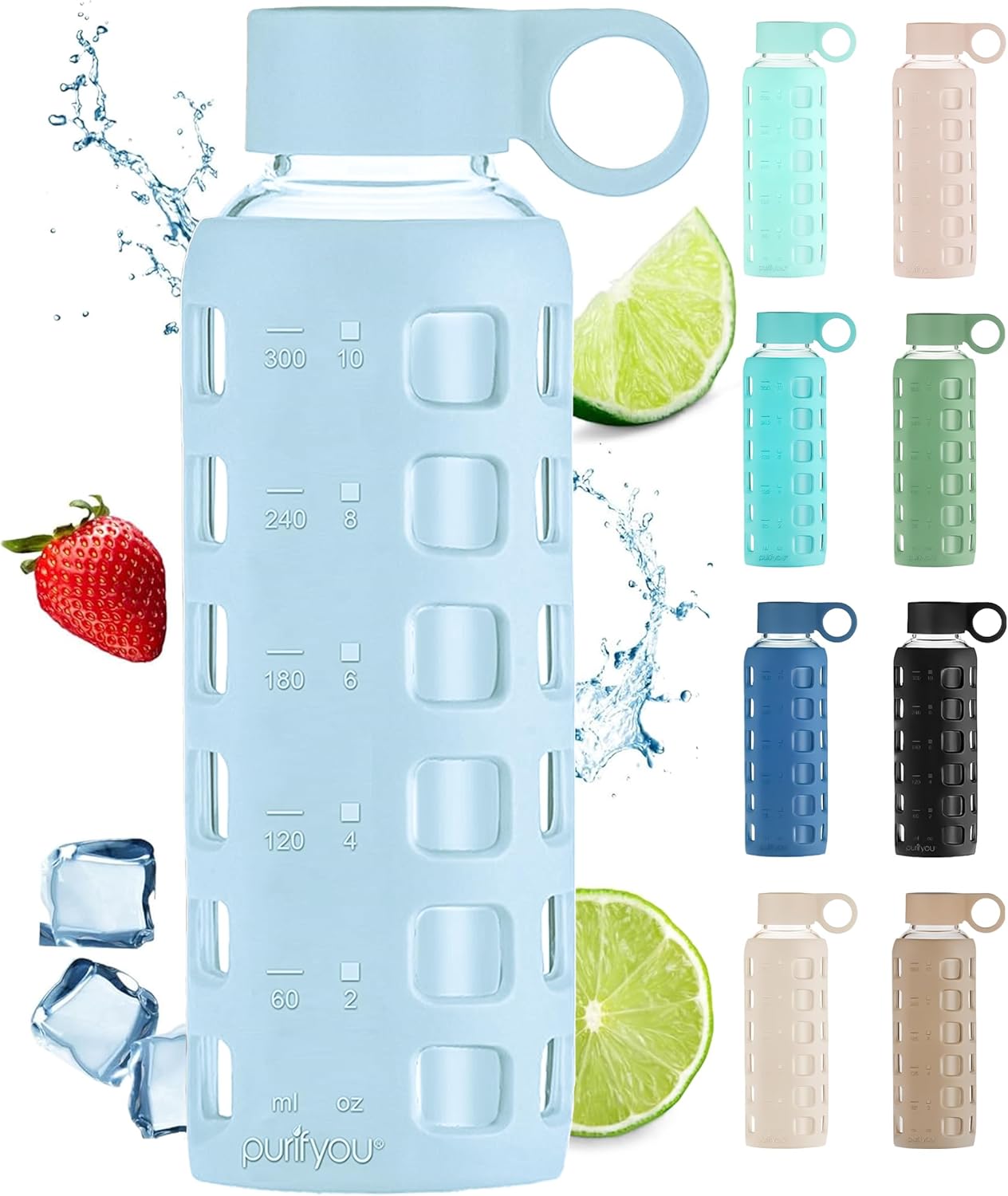 purifyou 40oz / 32oz / 22oz / 12oz Borosilicate Glass Water Bottle with Time & Volume Markers, Silicone Sleeve, Stainless Steel Lid – Reusable Glass Bottle for Water & Juice (12oz Ice Blue)
