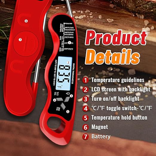 Meat Thermometer, IP67 Waterproof Digital Meat Thermometer with Backlight, Hold Function & Magnet for Grill, BBQ, Candy, Beef,Turkey，Gadgets Essentials BBQ Accessories,Mens Stocking Stuffers