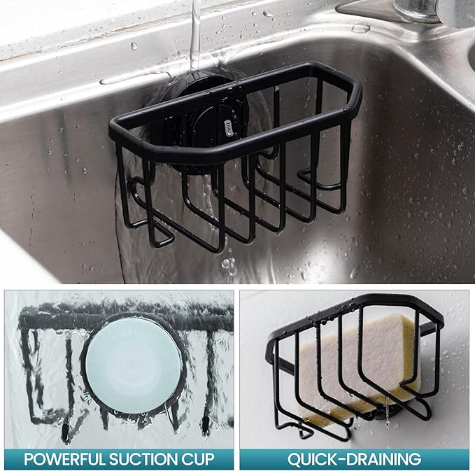 TAILI Sponge Holder for Kitchen Sink with Strong Suction Cup, Rustproof Aluminum Sink Caddy for Sponges, Brushes, Stoppers & Scrapers, Black