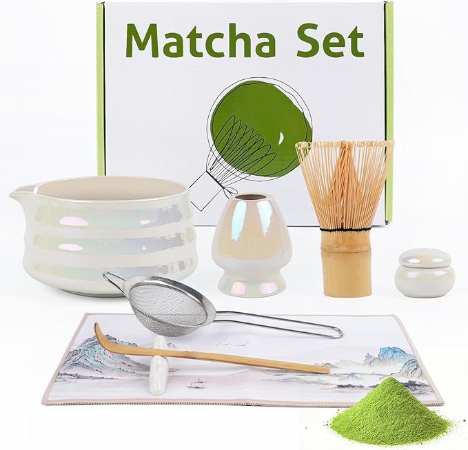 Matcha Whisk Set,Ceramic Matcha Set,Bowl With Spout, Powder Starter Sifter, Ceramic Whisk Holder, 8 pcs Matcha Tea Kit for Matcha Lovers