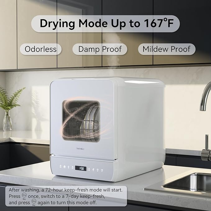 Hermitlux Countertop Dishwasher, 6 Wash Programs Slim Size Portable Dishwasher