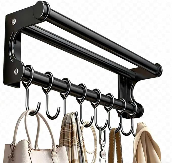Hanging Wall Mount Knife Wall Mount,Kitchen Utensil Hanger,Space-Saving Kitchen Utensil Rack with Hooks,Kitchen Storage Shelf for Utensils Spatula Spoon, Easy to Clean (Black, 40CM+8Hook)