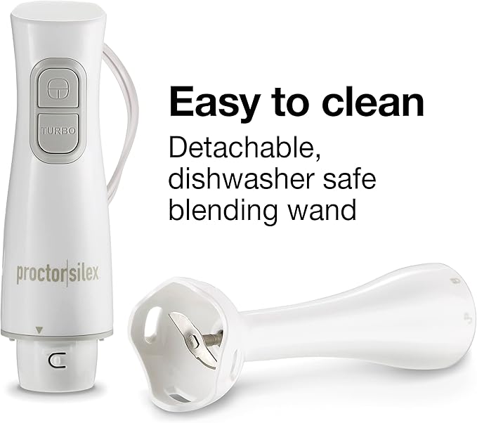 Proctor Silex Electric Immersion Blender with Detachable Dishwasher Safe Handheld Hand Blender Stick, 2-Speeds, 150 Watts, White (59739)