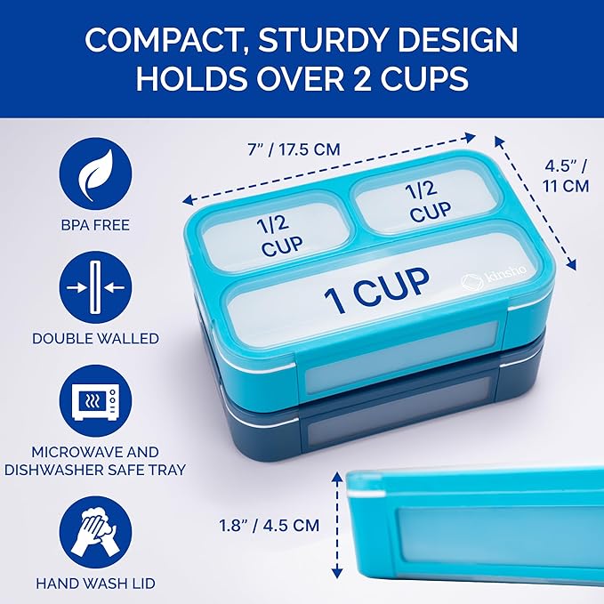 Small Snack Containers for Kids Toddlers - 3 Compartments (Set of 2) - Leak-Proof Reusable Boxes with Lids -BPA-Free Plastic Mini Bento Lunch Box - Ideal for School, Daycare, Holds 2 Cups (Navy+Blue)
