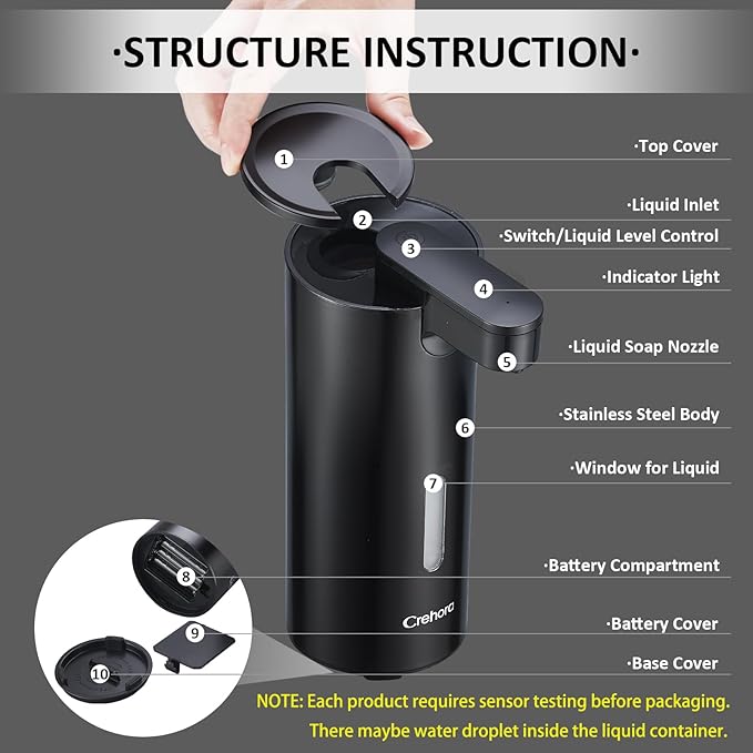 Automatic Soap Dispenser, Automatic Liquid Soap Dispenser Touchless, 12oz/340ml, 3-Level Adjustable, Battery Operated, Water-Resistant for Bathroom, Kitchen, and School, Clog-Free, Black