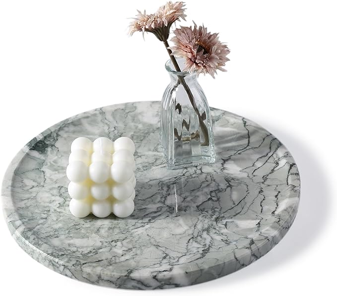 Natural Round Marble Tray, 11.7in Decorative Vanity Catchall Countertop Organizer for Jewelry Perfume Candles, Multi-Purpose Decorative Serving Tray - Light Green Verda Antique