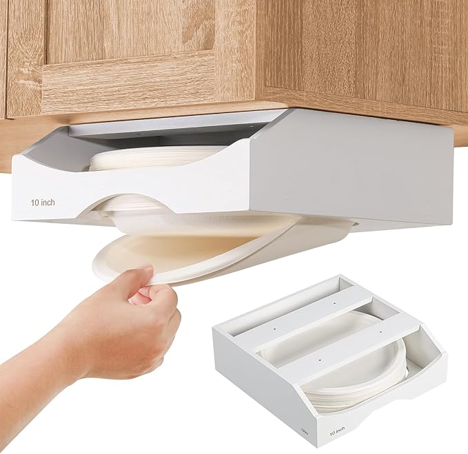 10-inch Paper Plate Dispenser Under Cabinet, Bamboo Paper Plate Holders, Kitchen Counter Vertical Plate Dispensers Holders Countertop Caddy (For 10-inch Plates, White)