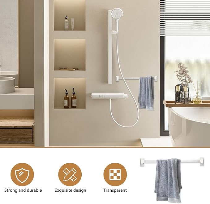 Earthtec 24 Inch Clear Adjustable Replacement Bathroom Towel Bar Rod Spring Loaded End Sturdy Plastic Wall Mount and for Kitchen Towel Storage Replacement Towel Bar for Ceramic Holder