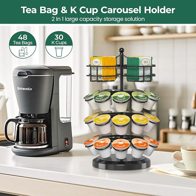 EsLuker.ly K Cup Holder Coffee Pod Organizer Carousel for Countertop, Rotatable Metal 4-Tier Storage Rack Stand for 30 K Cups & Tea Bags, Convenience Meets Elegance