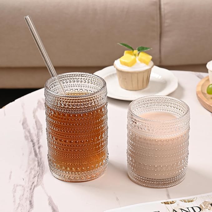 ZMOWIPDL Vintage Glassware Drinking Glasses Set of 12,Clear 12oz & 15oz Hobnail Glass Cups,Embossed Water Tumbler,for Beer,Cocktail,Whiskey,Juice and Various Mixed Drinks- 1 Cleaning Brush