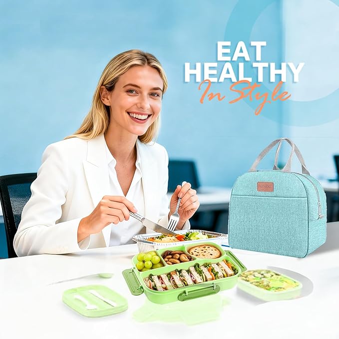 EASYFUN Bento Lunch Box Set Bento Box, 4-Compartment Lunch Containers,High Capacity Lunch Tote Bags for Work, Travel, Outdoor (Green)
