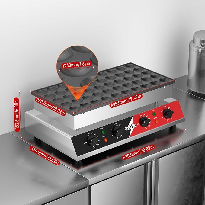 CROSSON Mini Pancake Maker, 50PCS 43mm Diameter Dutch Muffin Waffle Baker, Non-stick Stainless Steel Poffertjes Grill, Commercial Electric Dorayaki Machine W/Temp & Time Control 120V/1750W