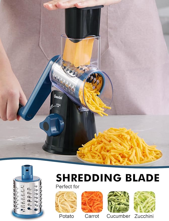 Geedel Rotary Cheese Grater, Kitchen Mandoline Vegetable Slicer with 3 Interchangeable Blades, Easy to Clean Grater and Vegetable Chopper, Onion Chopper Pro Food Chopper, Kitchen Slicer