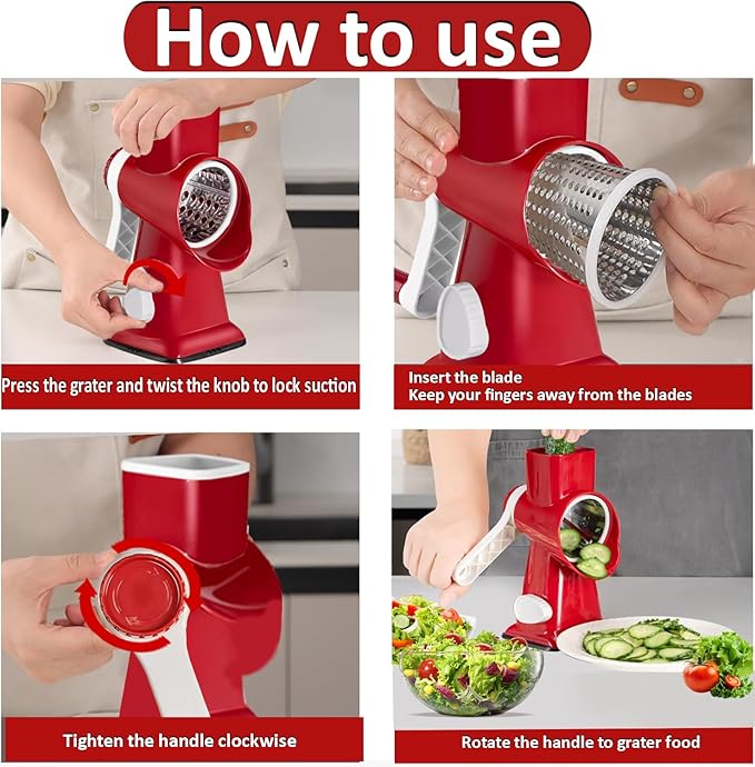 Chef Power 5 in 1 Rotatory Cheese Grater - Premium Quality Hand Cheese Grater With Handle - Food Chopper for Kitchen – (Red & White)
