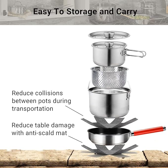 Camping Cookware Set 304 Stainless Steel Cooking Pots Pan Set with Travel Tote Bag for Camping Outdoor Kitchen Cooking Picnic for 4-6