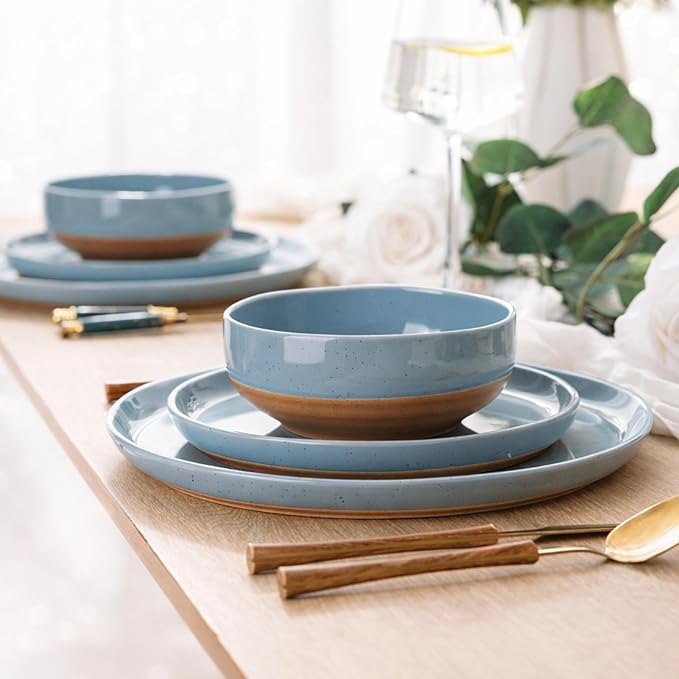 AmorArc Ceramic Dinnerware Sets for 6, 18 Pieces Handpainted Plates and Bowls Set with Rustic Terracotta Underside, Scratch Resistant Stoneware Dishes Set, Dishwasher & Microwave Safe, Stone Blue