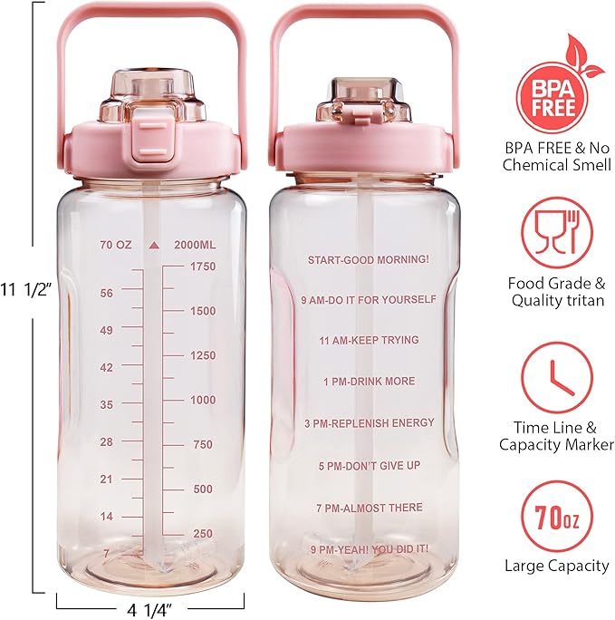 Half Gallon Water Bottle with Sleeve, 64OZ Motivational Water Bottle with Straw & Time Marker, BPA Free Leakproof Gym for Sport Workout