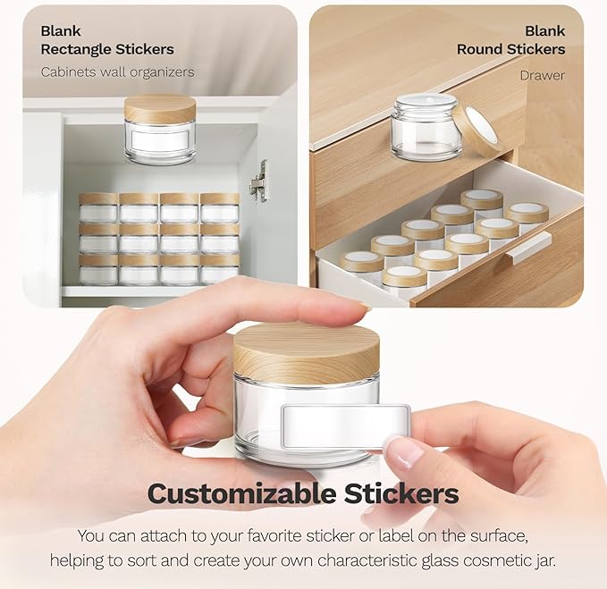 1 oz Glass Jars with Plastic Woodgrain Lids, Bumobum 48 pack Round Clear Cream Jars with Black and White Labels & Inner Liners, Empty Cosmetic Containers for Cream, Lotion, Ointment