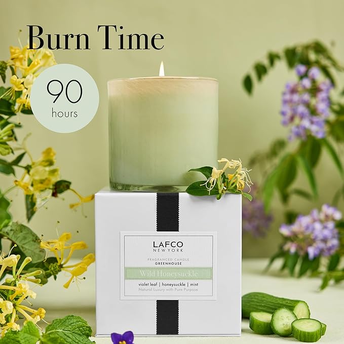 LAFCO New York Signature Candle, Wild Honeysuckle - 15.5 oz - 90-Hour Burn Time - Reusable, Hand Blown Glass Vessel - Made in The USA