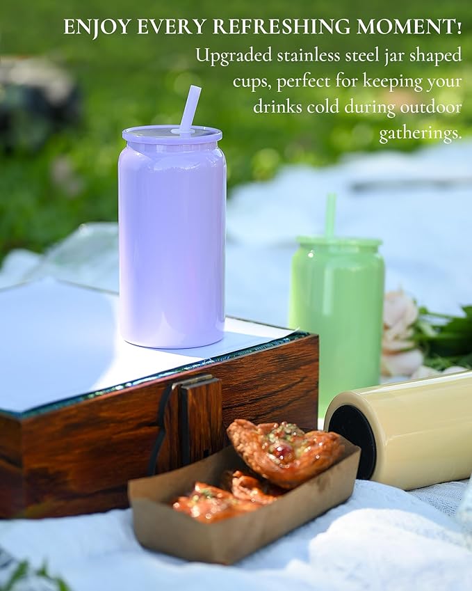 Glass Cups with Lids and Straws, 16oz Stainless Steels Cups, Beer Cups, Iced Coffee Cup, Smoothie Cup, Sublimation Tumbler, White (Smooth Polished Finish, Sublimatable)