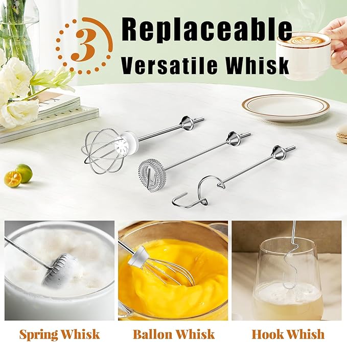 Nahida Red Milk Frother Wand for Coffee - Rechargeable Handheld Electric Whisk with 3 Heads, 3 Speeds - Drink Mixer for Latte, Cappuccino, Hot Chocolate