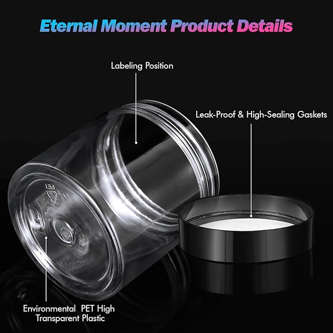 50 Pack 4 OZ Plastic Jars Round Clear Cosmetic Container with Black Lids, Eternal Moment Slime Jars for Lotion, Cream, Ointments, Makeup, Eye shadow, Rhinestone, Samples, Pot, Travel Storage