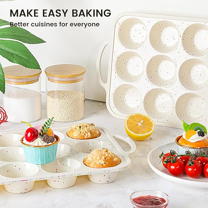 Vinino 1Pack Silicone Muffin Pan for Baking with Metal Reinforced Frame, 12 Cup Regular Size Cupcake Pan, BPA Free Silicone Muffin Tray, Cupcake Baking Pan Molds for Oven Dishwasher Safe - Cream